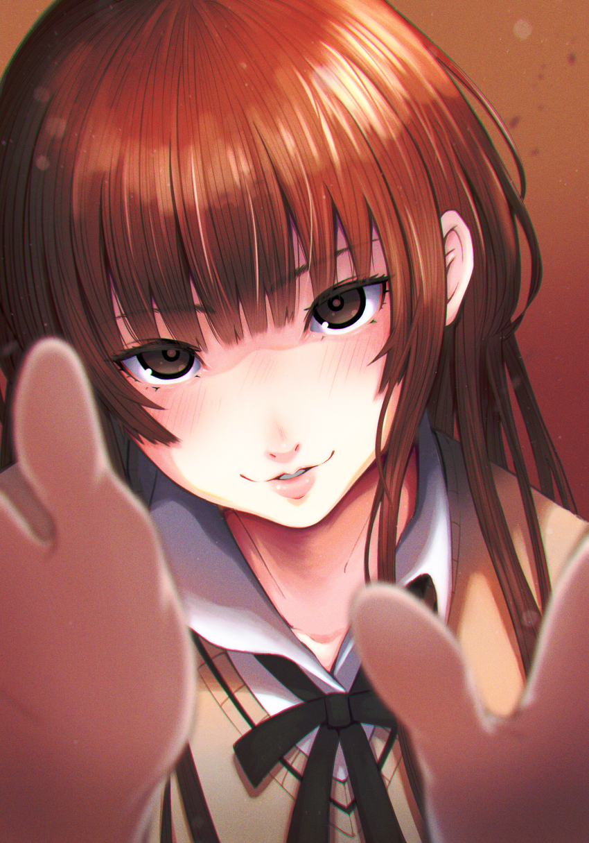 1girl absurdres amagami black_ribbon blunt_bangs blush brown_eyes brown_hair brown_sweater close-up collared_shirt commentary foreshortening highres kamizaki_risa kibito_high_school_uniform lips long_hair looking_at_viewer neck_ribbon oshizu palms parted_lips portrait reaching reaching_towards_viewer ribbon school_uniform shirt solo sweater white_shirt
