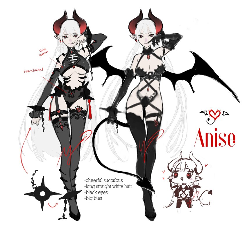 1girl absurdres alternate_costume bat_wings bikini black_eyes black_thighhighs bra breasts brooch chain chibi chibi_inset demon_girl demon_horns demon_tail detached_sleeves english_text halterneck hand_up highres horns jewelry long_hair looking_at_viewer multiple_views original red_pupils swimsuit tail thigh_strap thighhighs thong_bikini twintails underboob underwear very_long_hair white_hair wings yoimon
