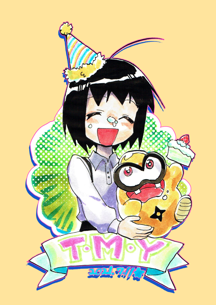 2021 2boys ahoge birthday black_hair bright_pupils buttons cake closed_eyes collared_shirt commentary_request creature dated diagonal-striped_hat food fruit gumchi hat highres holding holding_cake holding_creature holding_food icing_on_face kushabiria long_sleeves looking_at_another multiple_boys ninjala open_mouth orange_eyes party_hat polo_shirt pom_pom_(clothes) puffy_long_sleeves puffy_sleeves shirt short_hair strawberry suspenders teeth tilted_headwear tomoya_(ninjala) traditional_media upper_teeth_only white_pupils white_shirt white_sleeve_cuffs white_sleeves wing_collar yellow_background