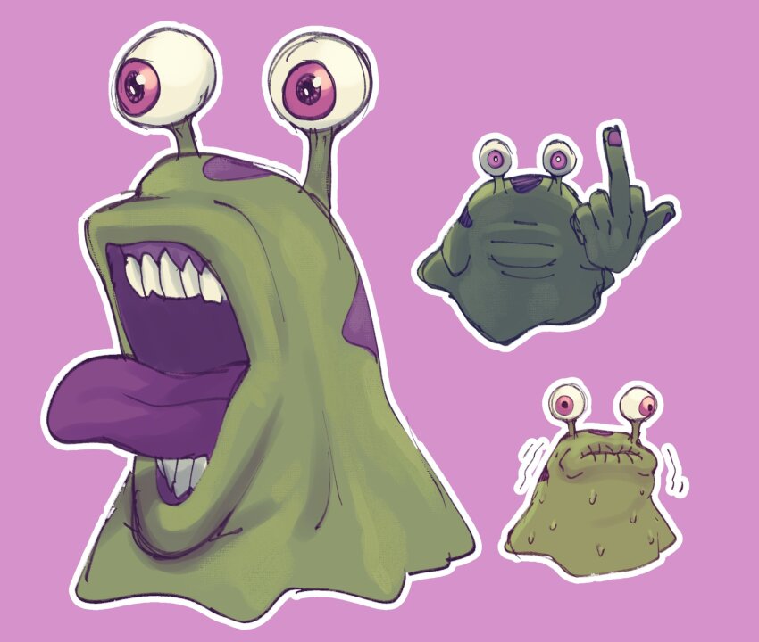 digimon digimon_(creature) highres looking_at_viewer meme middle_finger numemon pogchamp_(meme) red_eyes teeth tongue tongue_out