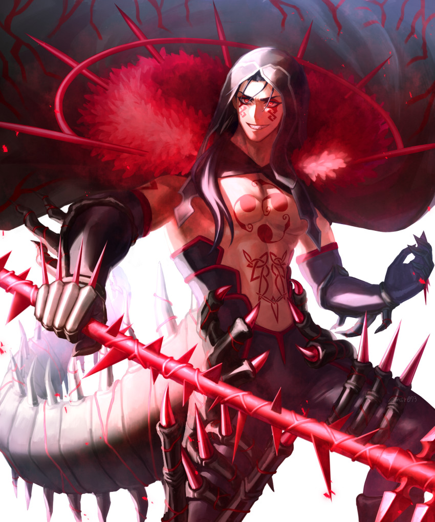 1boy backlighting bare_pectorals black_cape black_gloves black_hair cape chest_tattoo cowboy_shot cu_chulainn_(fate) cu_chulainn_(fate/stay_night) cu_chulainn_alter_(fate) cu_chulainn_alter_(fate/grand_order) cu_chulainn_alter_(third_ascension)_(fate) detached_hood elbow_gloves facial_mark fate/grand_order fate_(series) gae_bolg_(fate) gloves grin hair_over_shoulder hair_strand highres holding holding_polearm holding_weapon hood legs_apart long_hair looking_at_viewer male_focus mashiro_(sora1031) mitsudomoe_(shape) monster_boy pectorals polearm red_eyes sharp_teeth simple_background smile solo spiked_tail spikes standing tail tattoo teeth tomoe_(symbol) twitter_username weapon white_background