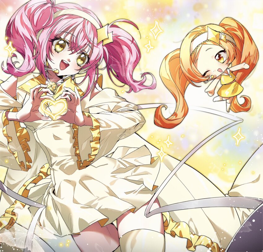 2girls absurdly_long_hair amulet_dia bare_arms bare_shoulders boots brown_hair chibi clothing_cutout collared_dress dia_(shugo_chara!) diamond_hair_ornament dot_nose dress eyelashes floating frilled_sleeves frills guardian_chara hairband hashtag-only_commentary head_tilt headset heart heart_hands highres hinamori_amu humpty_lock_(shugo_chara!) idol juliet_sleeves knee_boots lace-trimmed_hairband lace_trim lapels light_blush light_particles long_hair long_sleeves looking_at_another magical_girl min_(bibbibtobib) multiple_girls notched_lapels one_eye_closed open_mouth pink_hair pleated_dress puffy_sleeves sailor_collar shirt short_dress short_twintails shoulder_cutout shugo_chara! skirt skirt_set sleeveless sleeveless_shirt smile sparkle teeth twintails upper_teeth_only very_long_hair white_boots white_hairband white_sailor_collar yellow_background yellow_dress yellow_eyes yellow_hairband yellow_shirt yellow_skirt yellow_theme