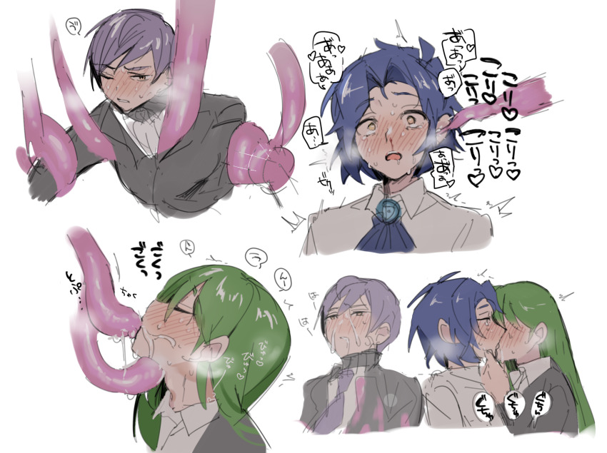 3boys blood blue_hair blush chesed_(project_moon) cropped_shoulders crying crying_with_eyes_open cum cum_on_body dress_shirt ear_insertion embarrassed facial formal_clothes green_hair hand_on_another&#039;s_chin heart highres lapels lobotomy_corporation long_hair male_focus mu46016419 multiple_boys necktie netzach_(project_moon) nosebleed open_mouth project_moon purple_hair scared shirt short_hair simple_background sketch spoken_heart suit tears tentacle_in_ear tentacle_in_mouth tentacle_sex tentacles tentacles_on_male translation_request white_background white_shirt yaoi yellow_eyes yesod_(project_moon)
