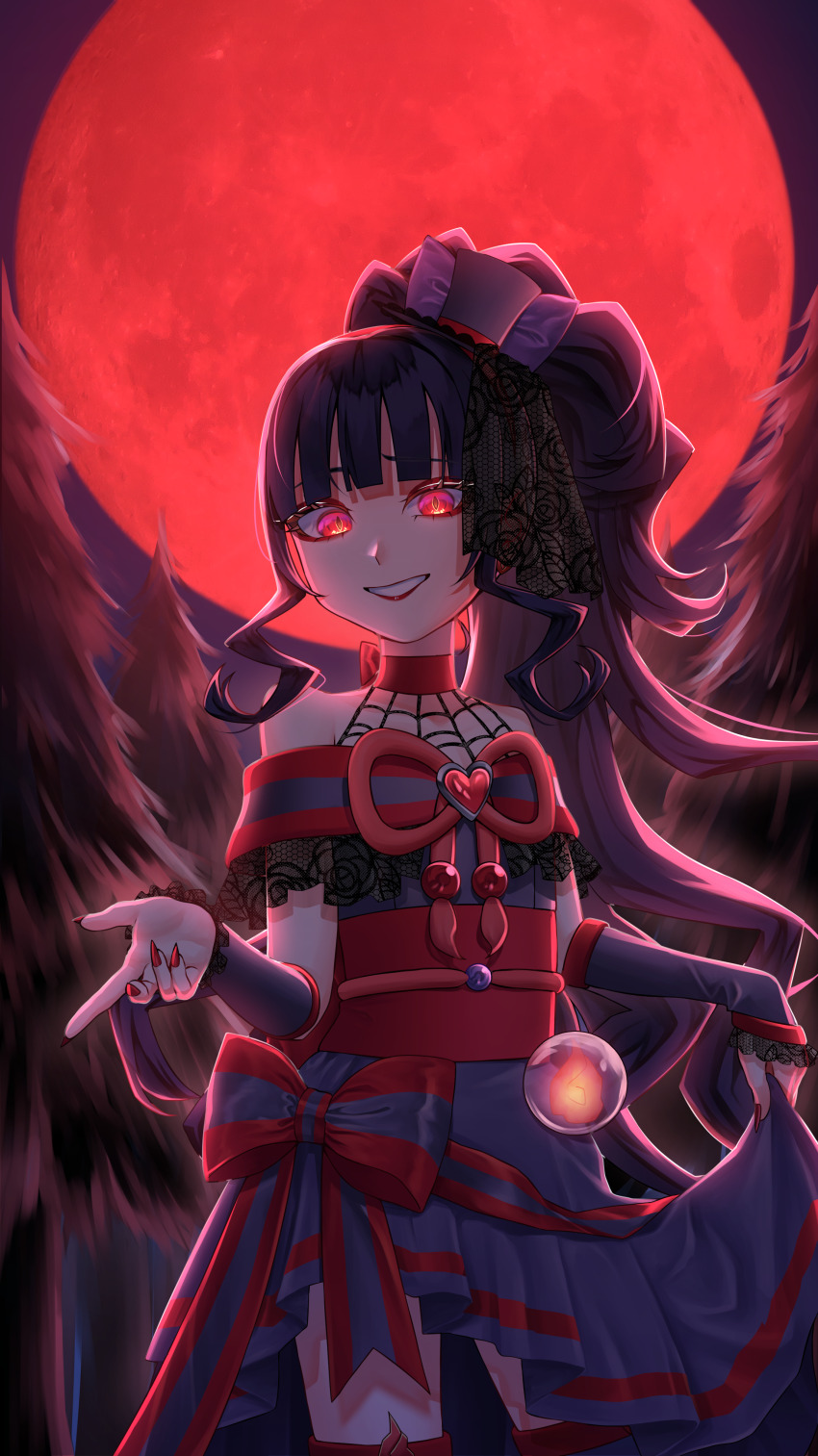 1girl aboreen arm_warmers black_hair black_hat black_thighhighs brooch choker corruption cure_lillian dress earrings full_moon hat heart heart_brooch jewelry lipstick long_hair magical_girl makeup mini_hat mini_top_hat moon neck_ribbon nekoyashiki_mayu night night_sky off-shoulder_dress off_shoulder open_mouth precure red_choker red_eyes red_moon red_ribbon ribbon side_ponytail sky smile solo thighhighs top_hat tree two-tone_dress wonderful_precure!