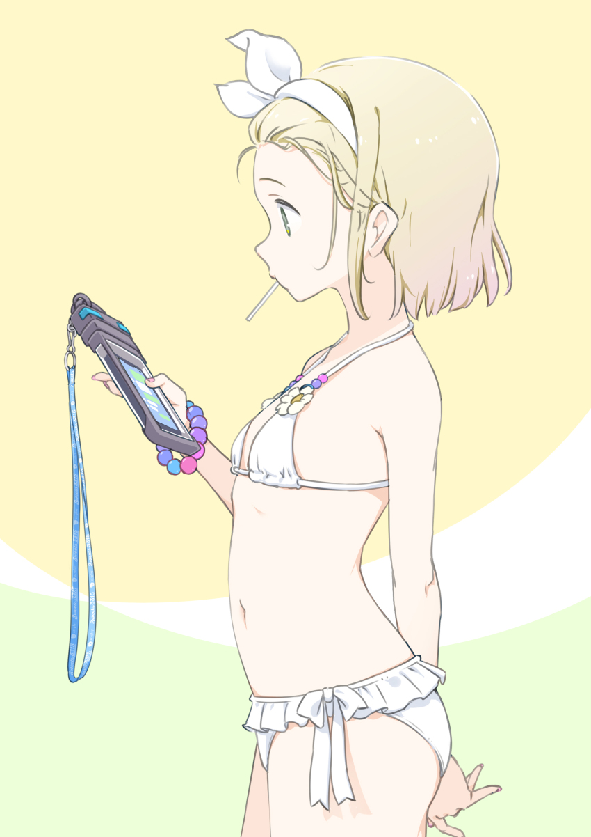 1girl absurdres aka_ringo alternate_costume arm_behind_back bare_arms bare_legs bare_shoulders bikini blonde_hair cellphone cowboy_shot flat_chest frilled_bikini frills from_side green_eyes highres holding holding_phone i-504_(kancolle) kantai_collection luigi_torelli_(kancolle) navel phone profile short_hair smartphone solo swimsuit white_bikini