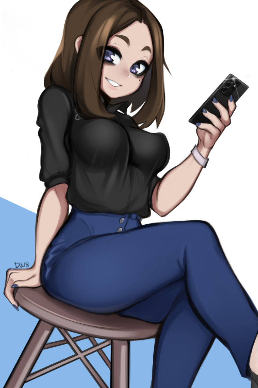 1girl arm_support black_shirt blue_background blue_pants breasts brown_hair cellphone commentary denim eyes_visible_through_hair grin high-waist_pants highres holding holding_phone jeans looking_at_viewer medium_breasts medium_hair on_stool pants phone purple_eyes rinkae samsung samsung_sam shirt shirt_tucked_in sitting smartphone smile solo two-tone_background white_background