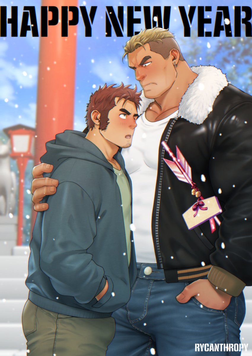2boys bara blush bulge cowboy_shot denim earrings erection erection_under_clothes facial_hair foreplay from_side goatee_stubble happy_new_year highres jacket jeans jewelry large_pectorals male_focus mature_male mizuki_gai multiple_boys muscular muscular_male new_year original pants pectorals pulling short_hair snow standing stubble undercut yaoi