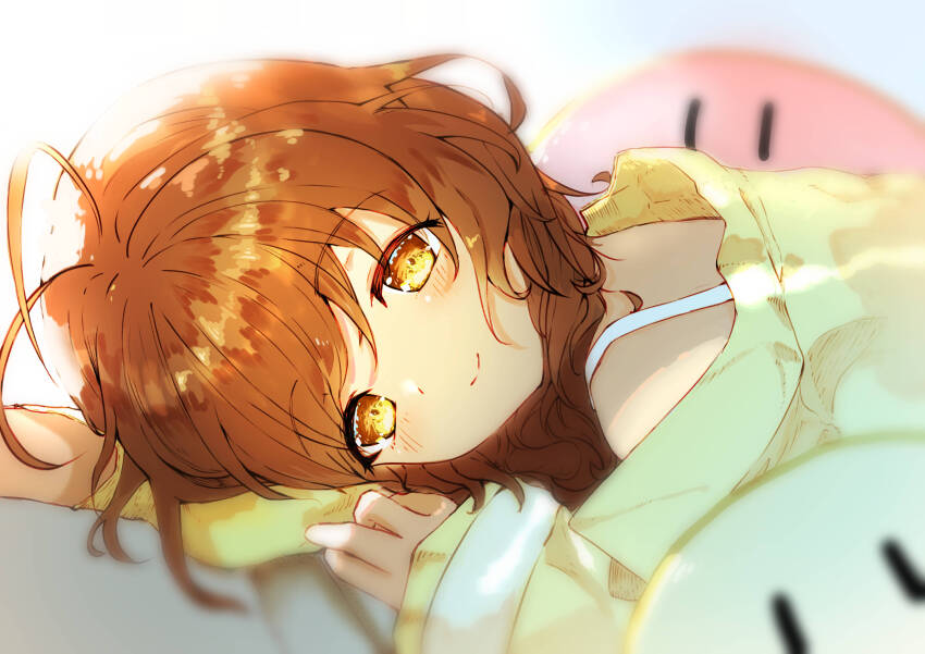1girl absurdres antenna_hair backlighting blurry blush brown_eyes brown_hair clannad closed_mouth commentary_request dango_daikazoku depth_of_field furukawa_nagisa green_pajamas hair_between_eyes highres looking_at_viewer lying medium_hair on_stomach pajamas pokemongundam smile solo split_mouth upper_body |_|