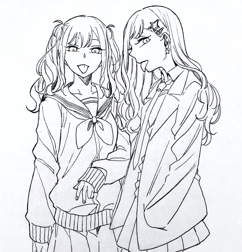 2girls artist_request gyaru highres long_tongue multiple_girls school_uniform tagme tongue tongue_out