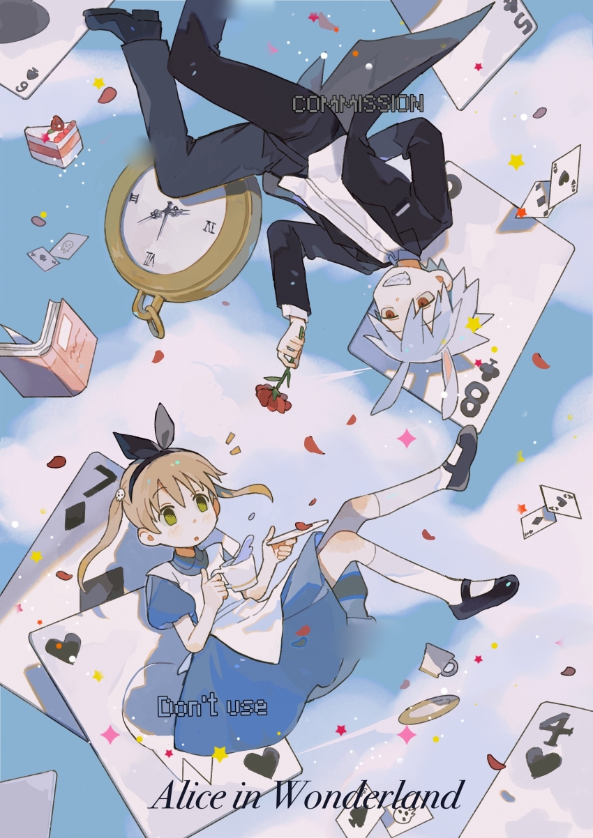 1boy 1girl absurdres alice_(alice_in_wonderland) alice_(alice_in_wonderland)_(cosplay) alice_in_wonderland animal_ears apron arm_behind_back black_hairband black_pants black_shoes blue_dress blue_sky book brown_hair card chinese_commentary cloud coat collared_shirt commentary_request commission copyright_name cosplay cup dress drooling falling_petals flower green_eyes grey_hair grin hairband highres holding holding_cup holding_flower holding_plate kemonomimi_mode kneehighs maka_albarn mary_janes mouth_drool mug open_clothes open_coat pants parted_lips petals plate playing_card pocket_watch rabbit_ears red_eyes red_flower red_rose rice_(somasuki_77) rose rose_petals sharp_teeth shirt shoes sky smile socks soul_eater soul_evans star_(symbol) teeth twintails watch watermark white_apron white_rabbit_(alice_in_wonderland) white_rabbit_(alice_in_wonderland)_(cosplay) white_shirt white_socks