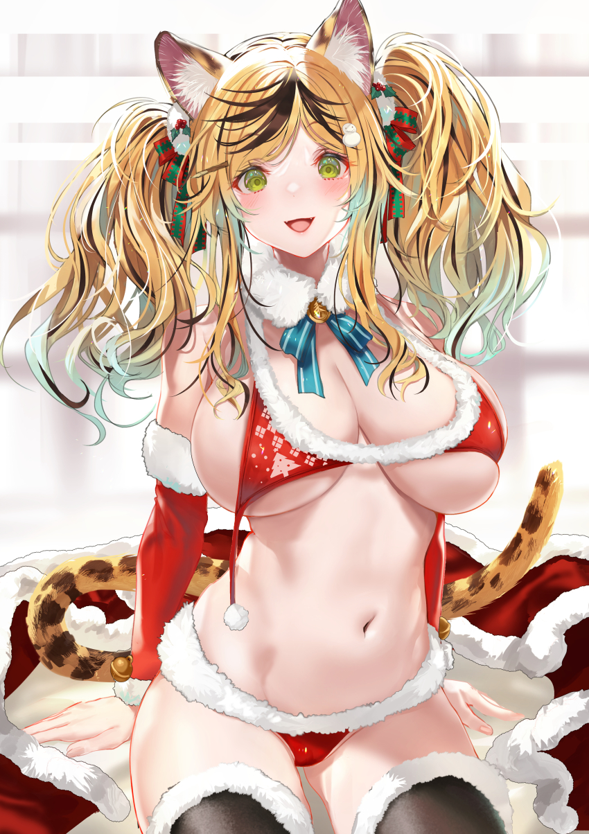 1girl absurdres animal_ear_fluff bell bikini black_hair black_thighhighs blonde_hair blurry blurry_background breasts capelet cheetah_ears cheetah_girl cheetah_tail commentary_request detached_sleeves fur-trimmed_bikini fur-trimmed_capelet fur-trimmed_collar fur-trimmed_sleeves fur-trimmed_thighhighs fur_trim green_eyes hair_ornament highres indie_virtual_youtuber kintsuba_detama large_breasts looking_at_viewer multicolored_hair navel neck_bell open_mouth parted_bangs red_capelet red_sleeves santa_bikini santa_costume shimofuri smile snowman_hair_ornament solo stomach streaked_hair swimsuit thighhighs twintails unworn_capelet virtual_youtuber