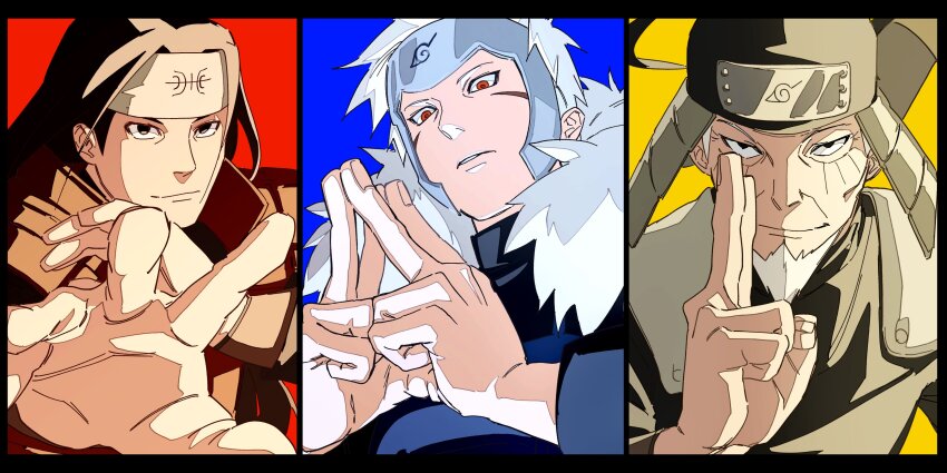 3boys absurdres armor black_eyes black_hair facial_hair forehead_protector goatee helmet highres japanese_armor kabuto_(helmet) konohagakure_symbol light_smile long_hair looking_at_viewer male_focus multiple_boys naruto_(series) old pnpk_1013 portrait reaching reaching_towards_viewer red_eyes sarutobi_hiruzen senju_hashirama senju_tobirama short_hair smirk white_hair wrinkled_skin
