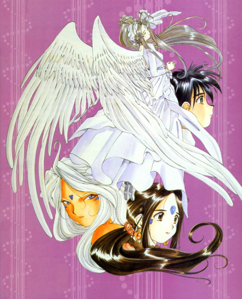 1boy 3girls aa_megami-sama belldandy black_hair blue_eyes brown_eyes brown_hair circle_facial_mark closed_eyes dark_skin diamond_facial_mark dress facial_mark feathered_wings fujishima_kousuke highres long_hair looking_afar morisato_keiichi multiple_girls official_art own_hands_clasped own_hands_together retro_artstyle skuld_(aa_megami-sama) triangle triangle_facial_mark urd_(aa_megami-sama) white_dress wings