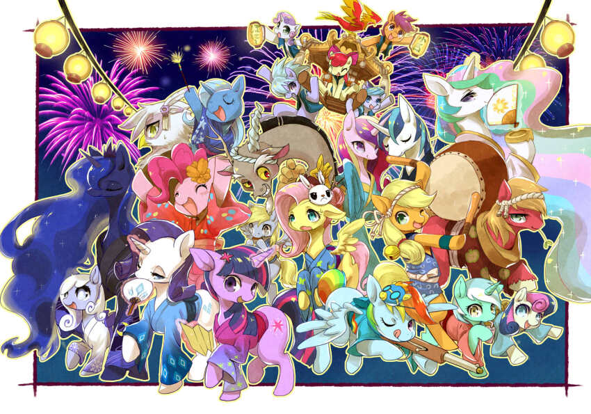 angel_bunny animal animal_focus apple_bloom applejack big_macintosh bonbon_(my_little_pony) border princess_cadance princess_celestia clothed_animal cloudchaser commentary_request derpy_hooves discord_(my_little_pony) everyone fireworks flitter fluttershy gilda_(my_little_pony) griffin happy holding horns lantern princess_luna lyra_heartstrings my_little_pony my_little_pony:_friendship_is_magic night no_humans original philomena_(my_little_pony) pinkie_pie rainbow_dash rarity_(my_little_pony) scootaloo shining_armor single_horn sky smile snowdrop_(silly_filly_studios) spitfire_(my_little_pony) standing summer_festival sweetie_belle trixie_lulamoon twilight_sparkle white_border yoo_oona