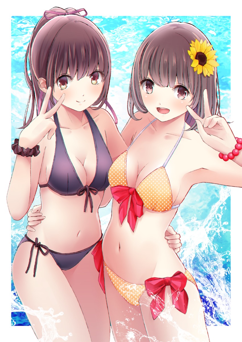 2girls :d bad_id bad_pixiv_id bikini bracelet breasts brown_hair chikuwa_(glossymmmk) chikuwa_(odennabe) cleavage flower front-tie_top hair_flower hair_ornament halterneck highres jewelry long_hair looking_at_viewer medium_breasts multiple_girls navel open_mouth original ponytail revision scrunchie short_hair side-tie_bikini_bottom skindentation smile summer swimsuit v wrist_scrunchie