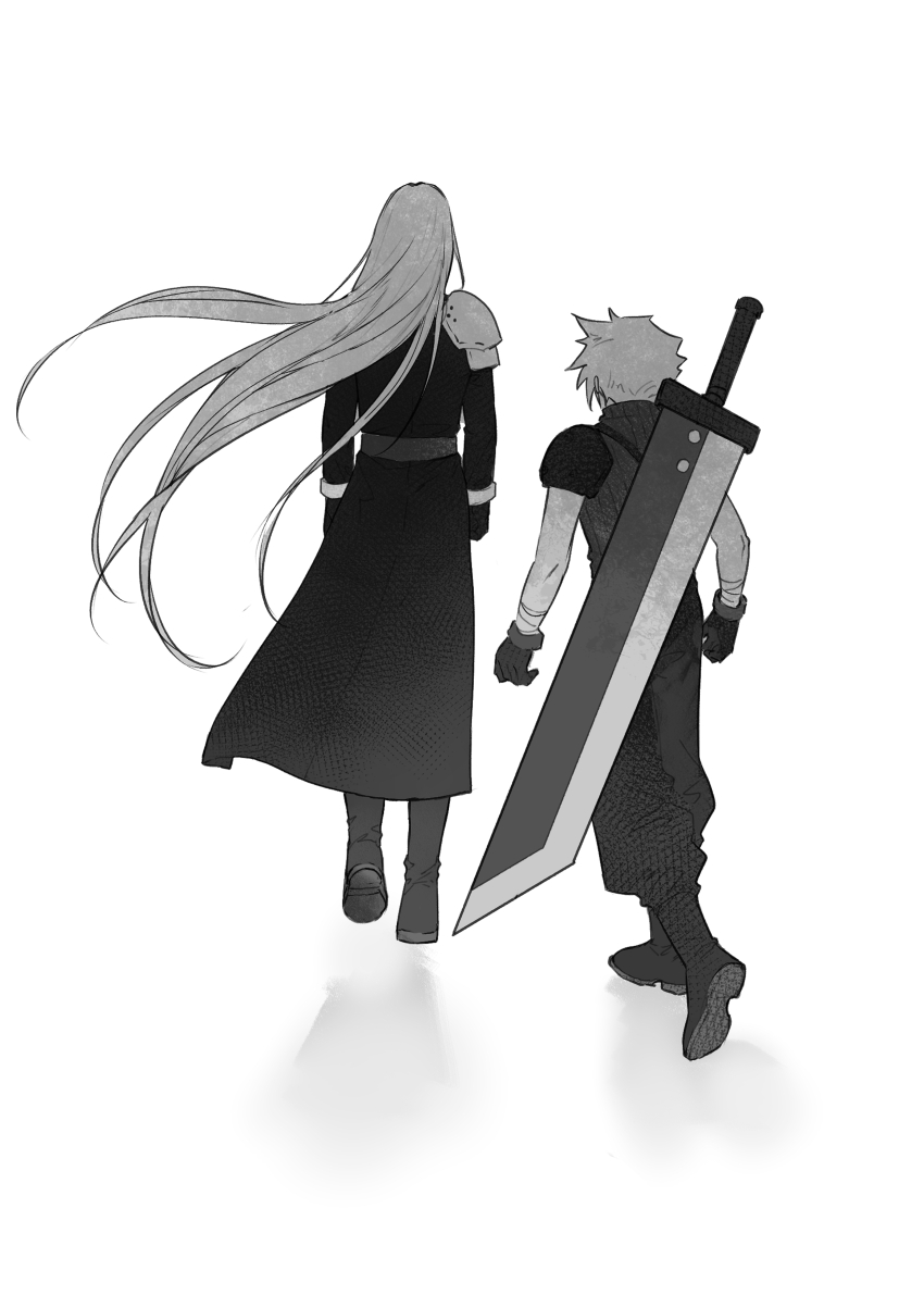 2boys absurdres armor arvin36324228 black_coat black_gloves buster_sword cloud_strife coat final_fantasy final_fantasy_vii following from_behind full_body gloves grey_hair highres long_coat long_hair long_sleeves male_focus multiple_boys pants pauldrons sephiroth shirt short_hair shoulder_armor sleeveless sleeveless_turtleneck spiked_hair sword sword_on_back turtleneck walking_away weapon weapon_on_back