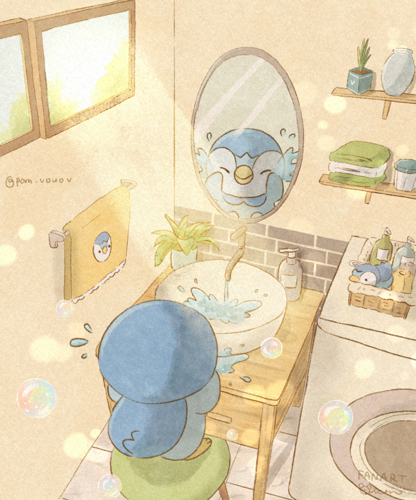 bubble character_print commentary_request day faucet game_freak gen_4_pokemon highres light_rays mian_(user_kwcj2833) mirror nintendo no_humans piplup plant pokemon pokemon_(creature) potted_plant reflection shelf sink slice_of_life solo standing stool towel towel_rack washing_face washing_machine window