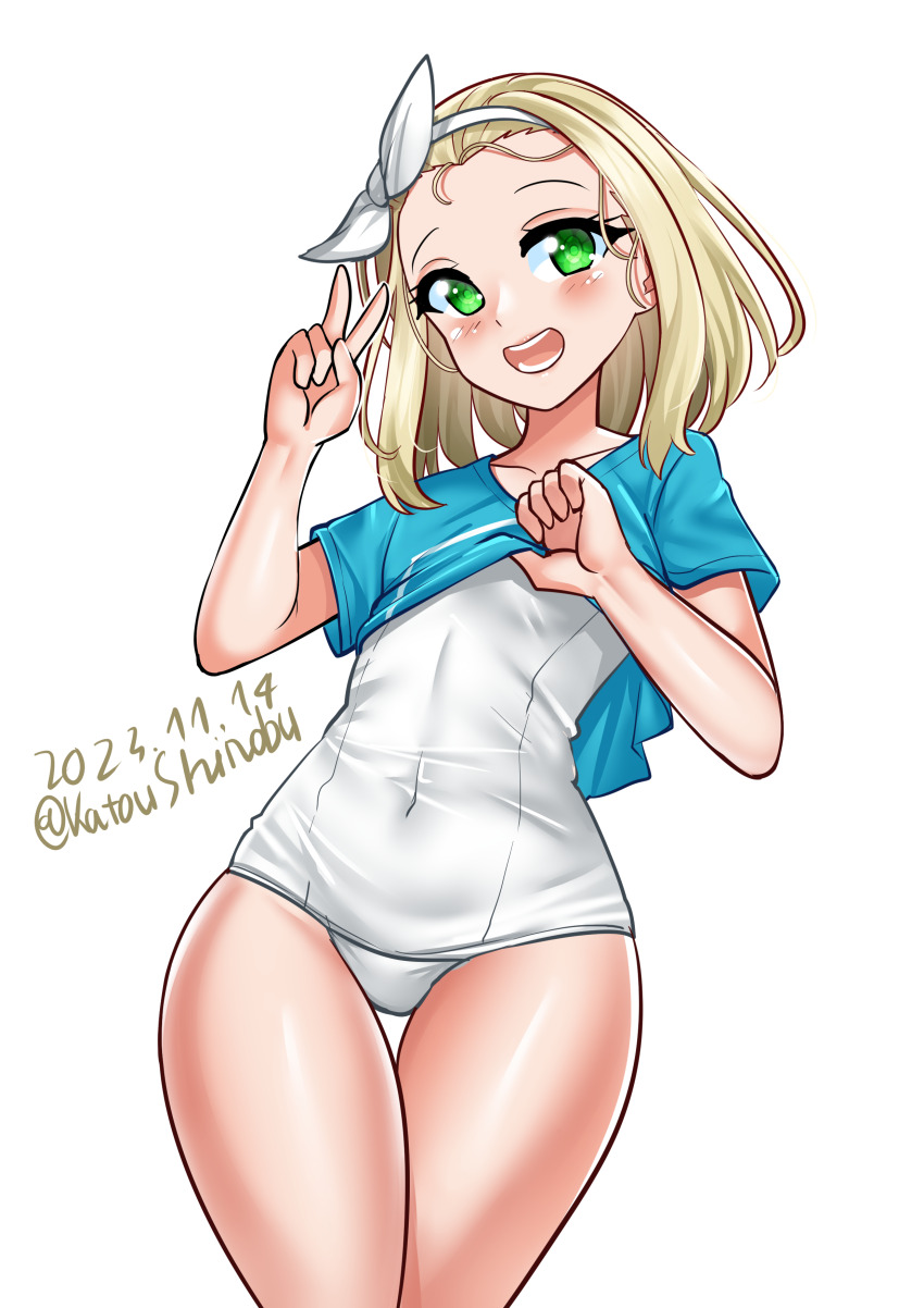 1girl absurdres blonde_hair blue_shirt clothes_lift covered_navel cowboy_shot dated green_eyes hairband highres i-504_(kancolle) kantai_collection katou_shinobu lifting_own_clothes luigi_torelli_(kancolle) one-hour_drawing_challenge one-piece_swimsuit school_swimsuit shirt shirt_lift short_hair solo swimsuit t-shirt teeth thigh_gap twitter_username white_background white_hairband white_one-piece_swimsuit