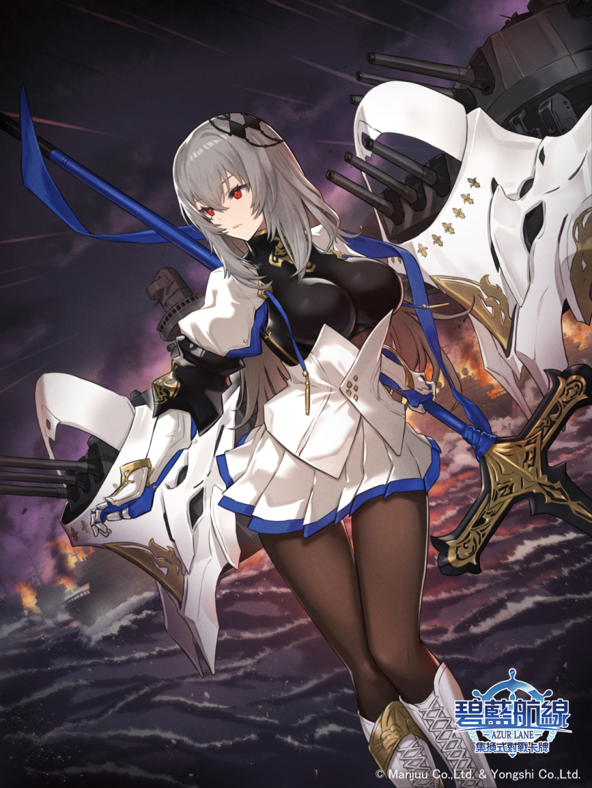 1girl azur_lane breasts brown_pantyhose commentary_request corset feet_out_of_frame gauntlets grey_hair hair_between_eyes highres holding holding_polearm holding_weapon large_breasts left-handed long_hair miniskirt nishikawa_eito official_art outdoors pantyhose pleated_skirt polearm red_eyes rigging saint-louis_(azur_lane) ship_turret skirt solo water weapon white_corset white_skirt