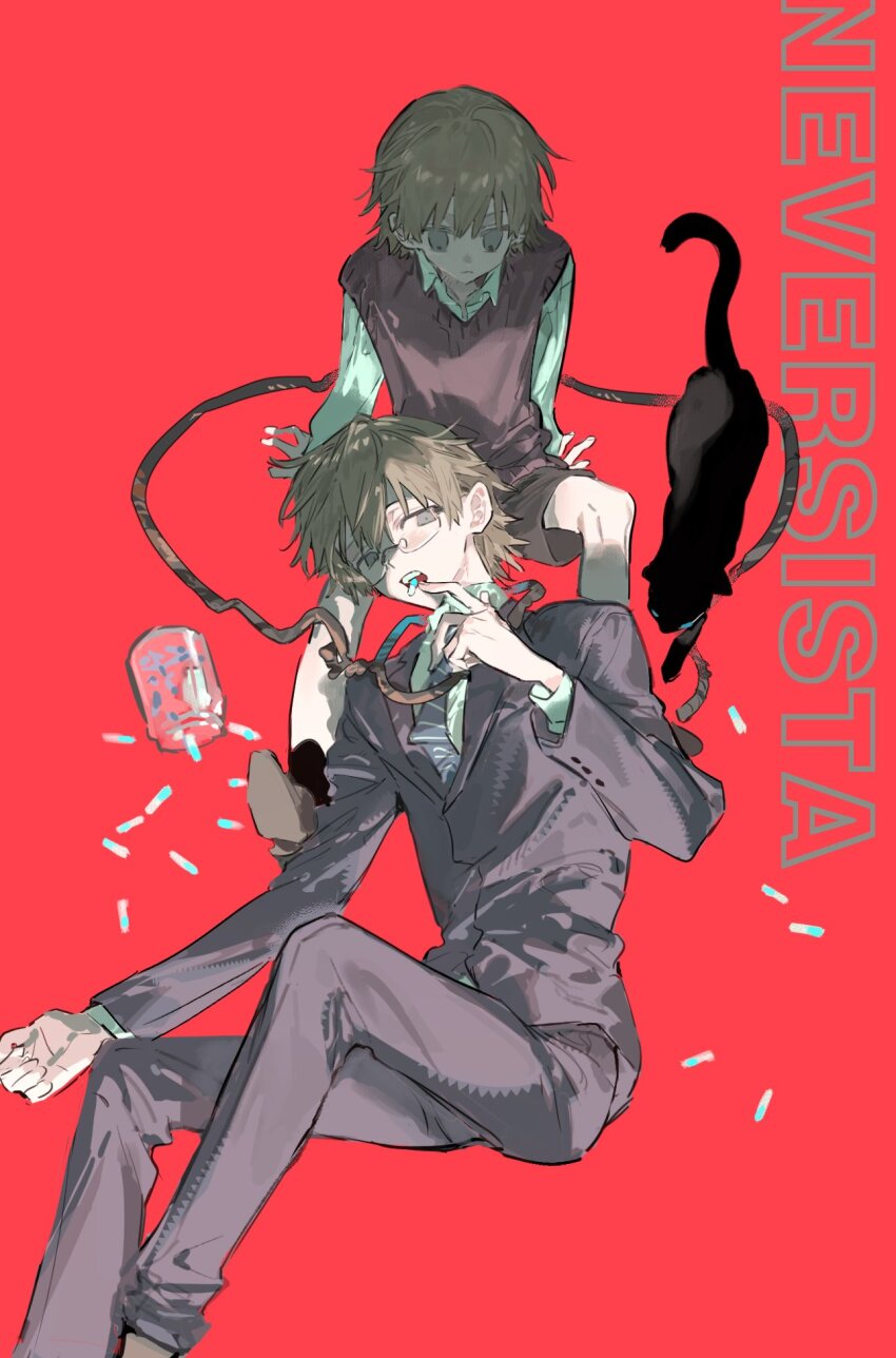 2boys black_cat black_jacket black_pants brown_hair cat collared_shirt formal_clothes hair_between_eyes highres jacket lying male_focus multiple_boys necktie on_back open_mouth original pants pill qyzhiaiyisheng red_background shirt short_hair shorts sitting suit white_shirt