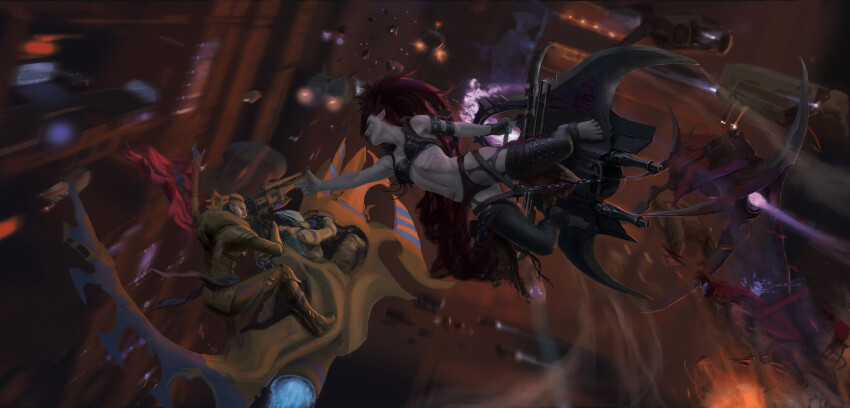 alex_cristi armor barefoot battle black_leggings blonde_hair commentary dark_eldar eldar english_commentary evil_grin evil_smile eye_tattoo fighting_stance grin highres hover_vehicle hoverboard hovercraft leggings lelith_hesperax long_hair pointing power_armor red_hair smile traffic very_long_hair warhammer_40k watercraft