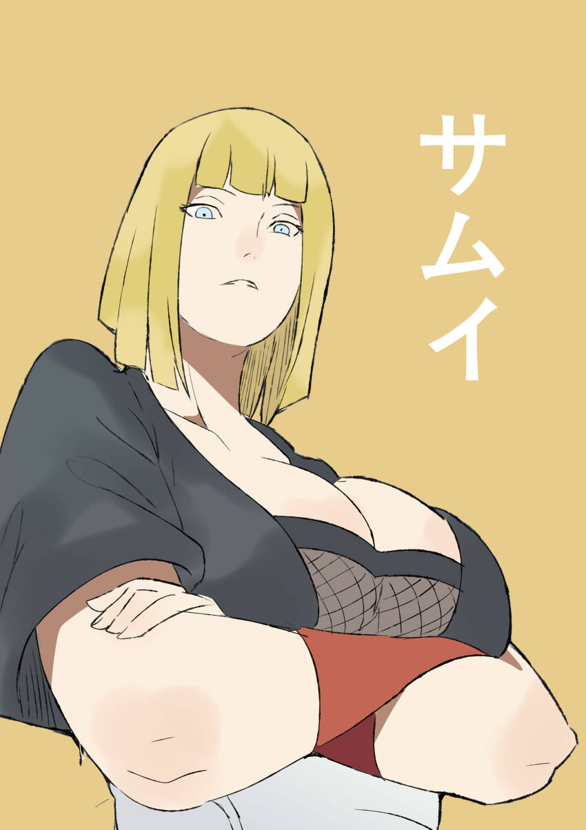 1girl arms_under_breasts blonde_hair blue_eyes breasts cleavage collarbone large_breasts naruto_(series) samui_(naruto)