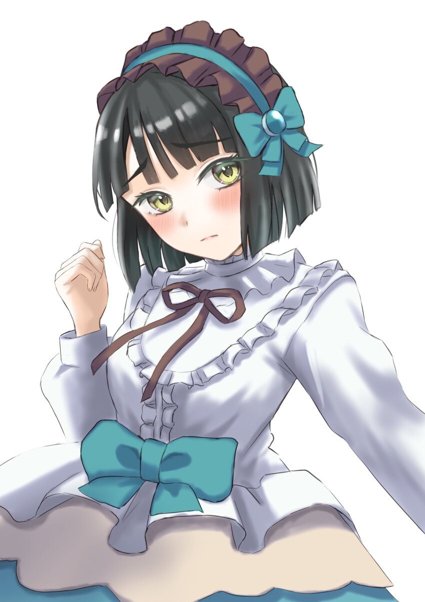 1girl absurdres black_hair blue_hairband blunt_bangs blunt_ends blush bob_cut bow_hairband breasts brown_hairband center_frills closed_mouth commentary embarrassed frilled_hairband frilled_shirt frills frown green_eyes hairband highres link!_like!_love_live! long_sleeves looking_at_viewer love_live! love_live!_series_anniversary_parade medium_breasts momose_ginko official_alternate_costume ponyou1030 raised_inner_eyebrows selfie shirt short_hair simple_background skirt solo split_mouth two-tone_hairband upper_body virtual_youtuber white_background white_shirt yellow_skirt