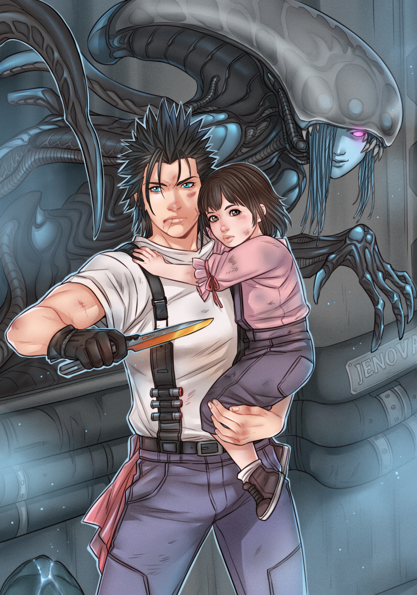 1boy 2girls alien alien_(series) alternate_universe black_gloves black_hair blood blood_from_mouth blue_eyes blue_hair blue_pants blue_skin brown_eyes brown_hair child colored_skin cowboy_shot crylin6 dirty dirty_clothes dirty_face final_fantasy final_fantasy_vii final_fantasy_vii_rebirth final_fantasy_vii_remake gloves glowing glowing_eyes hair_slicked_back highres holding holding_knife jenova knife marlene_wallace multiple_girls overalls pants pink_eyes pink_shirt shirt short_sleeves white_shirt zack_fair