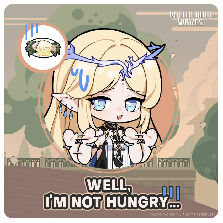 1girl black_collar black_dress blonde_hair blue_eyes breasts cartethyia_(wuthering_waves) chibi chibi_only collar crown_of_thorns dress english_text food hand_up highres jewelry long_hair looking_to_the_side necklace official_art pointy_ears sidelocks small_breasts solo sweatdrop tabard tacet_mark_(wuthering_waves) waving_arms white_tabard wuthering_waves