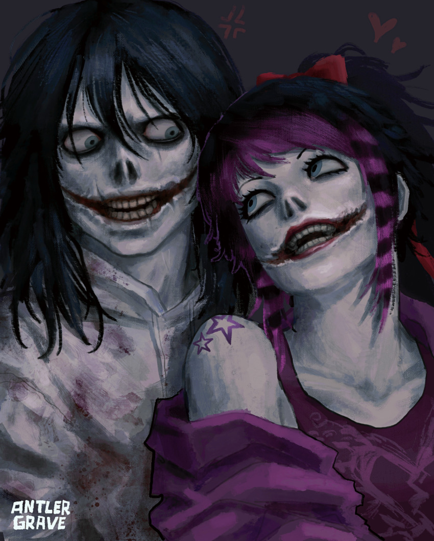 1boy 1girl anger_vein antlergrave artist_name bags_under_eyes bare_shoulders black_hair blood blood_on_clothes blue_eyes bow collarbone colored_skin creepypasta eye_contact glasgow_smile grey_background hair_between_eyes hair_bow heart hetero high_ponytail highres hood hood_down hoodie jacket jacket_partially_removed jeff_the_killer long_hair looking_at_another looking_down looking_up multicolored_hair nina_the_killer open_mouth ponytail purple_hair purple_jacket purple_tank_top realistic red_bow scene_fashion shoulder_tattoo simple_background smile star_tattoo tank_top tattoo teeth two-tone_hair upper_body white_hoodie white_skin