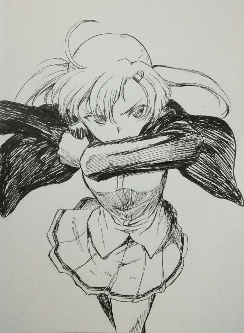 1girl bellwall_school_uniform black_jacket covered_mouth girls_und_panzer girls_und_panzer_little_army graphite_(medium) hair_ornament hairpin highres jacket long_hair miniskirt monochrome nakasuga_emi one-hour_drawing_challenge sawamin school_uniform shirt skirt traditional_media twintails white_shirt