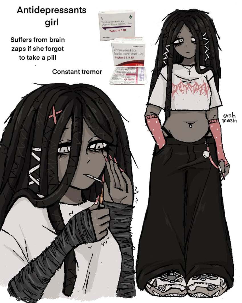 1girl bags_under_eyes black_hair black_pants dark-skinned_female dark_skin dreadlocks ershmash grey_arm_warmers grey_eyes hair_between_eyes hair_ornament hairclip hand_in_pocket highres holding holding_lighter jewelry lighter lighting_cigarette long_hair multiple_rings navel_piercing original pants piercing plump ring simple_background white_background x_hair_ornament