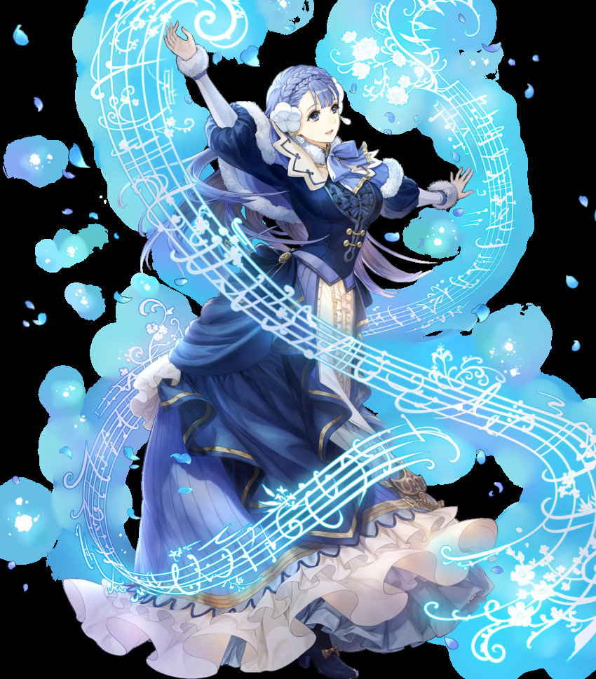 1girl blue_dress blue_eyes blue_hair bow bowtie braid breasts cape capelet dress earrings female_focus fire_emblem fire_emblem_echoes:_shadows_of_valentia fire_emblem_heroes full_body fur_trim hair_ornament highres jewelry long_hair long_sleeves matching_hair/eyes medium_breasts musical_note nintendo non-web_source official_art rinea_(fire_emblem) rinea_(soiree)_(fire_emblem) solo transparent_background