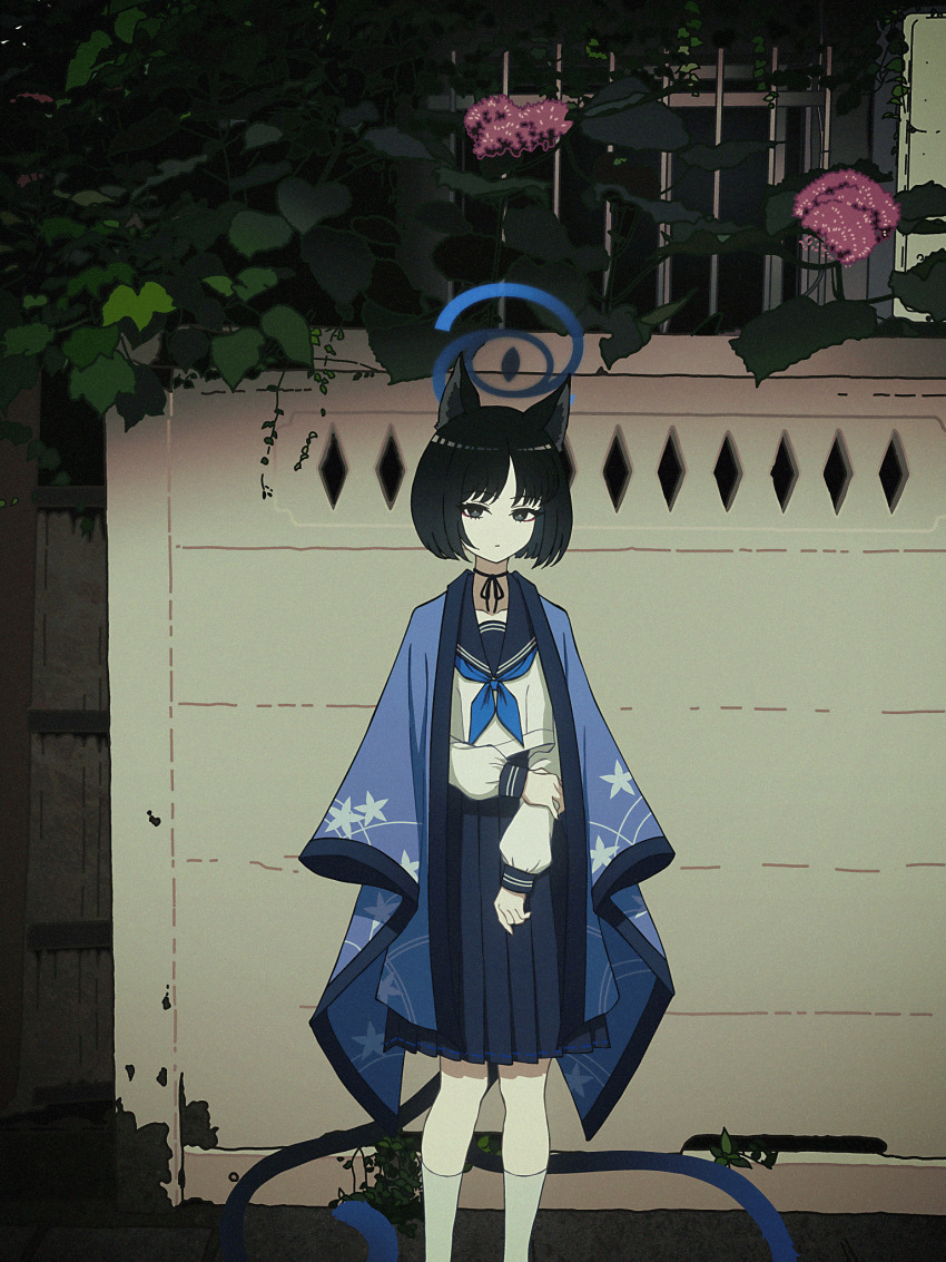 1girl animal_ears black_eyes black_hair blue_archive blue_halo blue_haori blue_neckerchief blue_sailor_collar blue_skirt cat_ears cat_tail choker commentary feet_out_of_frame film_grain flower halo haori highres japanese_clothes kikyou_(blue_archive) leaf long_sleeves looking_at_viewer multiple_tails neckerchief nkymyura outdoors pink_flower pleated_skirt ribbon_choker sailor_collar school_uniform serafuku short_hair skirt socks solo standing tail two_tails urban white_socks