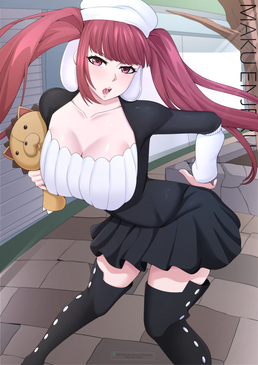 1boy 1girl bleach boots breasts collarbone dokugamine_riruka hand_on_own_hip highres kon_(bleach) long_hair maku_enjuru medium_breasts purple_hair stuffed_animal stuffed_lion stuffed_toy thigh_boots