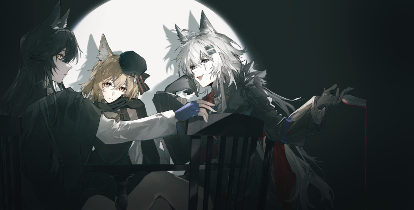 animal_ears arknights cheonyeon-hi chromatic_aberration hand_on_own_face highres jacket long_hair looking_at_another multiple_girls open_mouth round_table sitting spotlight table wolf_ears
