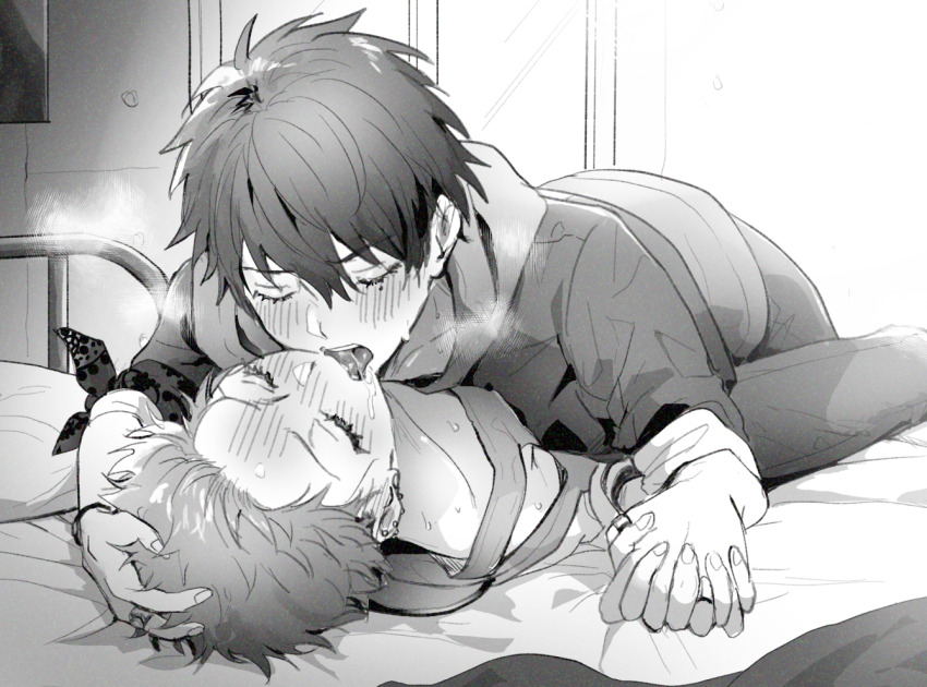 2boys bandana_around_arm bed bed_sheet bedroom belly-to-belly between_legs blanket blush bracelet breath closed_eyes collarbone cropped_jacket denim ear_piercing earrings fingernails french_kiss full-face_blush furrowed_brow greyscale hair_between_eyes hair_slicked_back hand_on_another&#039;s_head harai_kuko headboard heavy_breathing holding_hands hood hoodie hypnosis_mic interlocked_fingers jacket_over_hoodie jeans jewelry kiss lying lying_on_person male_focus mole mole_under_eye monochrome multiple_boys multiple_earrings multiple_rings nbnekochan off_shoulder on_back on_bed pants piercing pillow pinned poster_(object) ring saliva short_hair sleeves_rolled_up spread_legs stud_earrings tank_top thumb_ring tongue tongue_out window yamada_ichiro yaoi