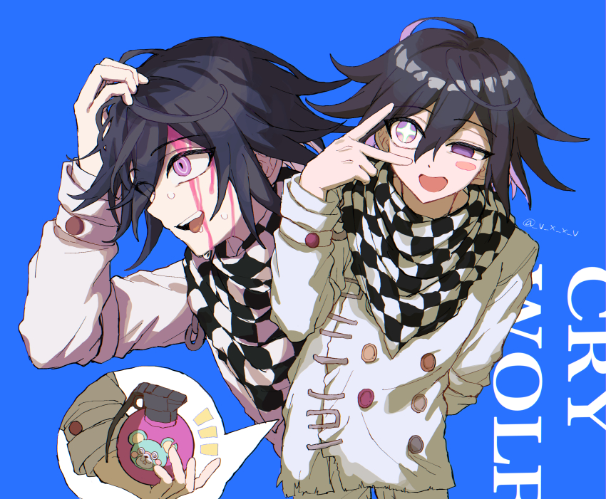 1boy black_hair blood blue_background buttons checkered_clothes checkered_neckerchief danganronpa_(series) danganronpa_v3:_killing_harmony double-breasted english_text explosive grenade hair_between_eyes hiding highres holding holding_grenade jacket long_sleeves looking_at_viewer male_focus multiple_views neckerchief oma_kokichi open_mouth oteage pants pink_blood pink_eyes short_hair simple_background smile speech_bubble star-shaped_pupils star_(symbol) symbol-shaped_pupils teeth v v_over_eye