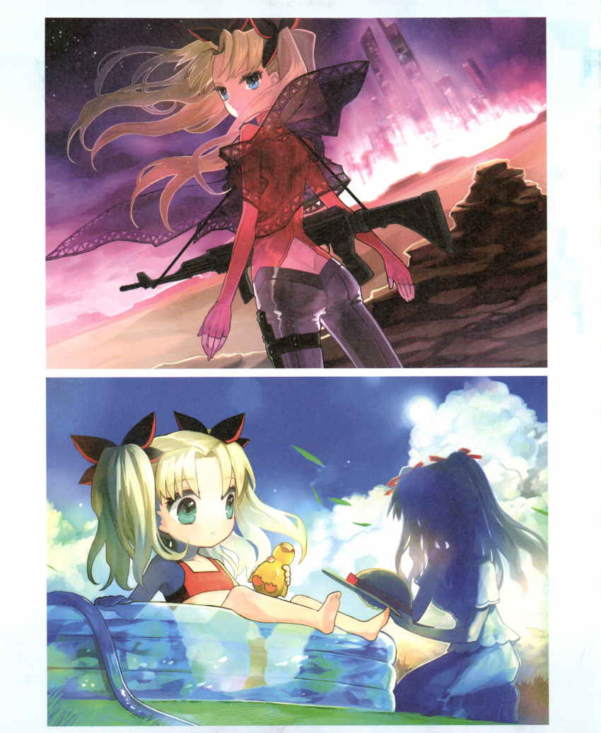 2girls alternate_hair_color ass bikini blonde_hair blue_eyes bow butt_crack child city cloud fate/extra fate_(series) fingerless_gloves gloves gun hair_ribbon highres multiple_girls official_art pants pool ribbon scan scenery see-through_clothes swimsuit tight_clothes tight_pants tohsaka_rin tohsaka_rin_(fate/extra) tohsaka_rin_(true_appearance)_(fate/extra) twintails wada_arco weapon