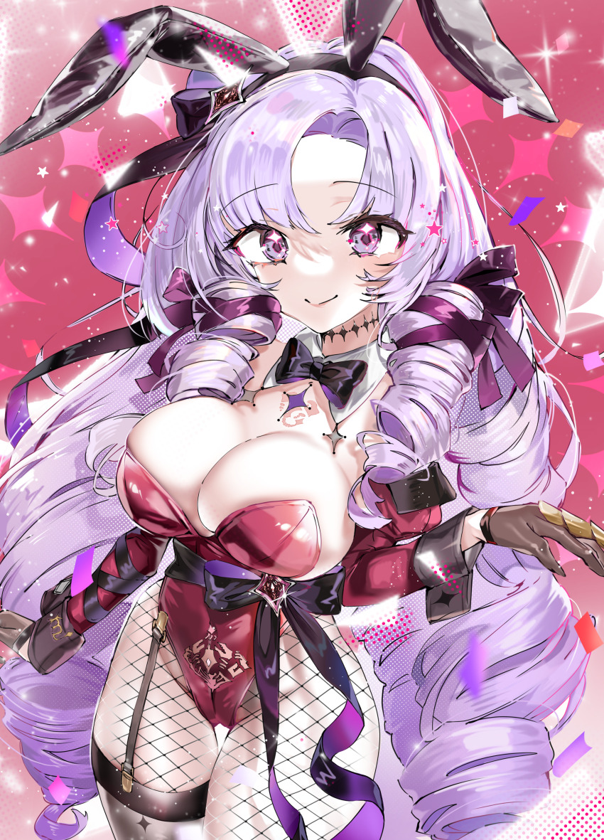 1girl absurdres animal_ears black_gloves bow bowtie breasts chest_tattoo claw_ring cleavage detached_collar drill_hair fake_animal_ears fishnet_pantyhose fishnets gloves highres hyakumantenbara_salome large_breasts leotard long_hair looking_at_viewer nijisanji pantyhose playboy_bunny purple_bow purple_bowtie purple_eyes purple_hair rabbit_ears red_leotard smile solo strapless strapless_leotard tattoo tekona0 virtual_youtuber