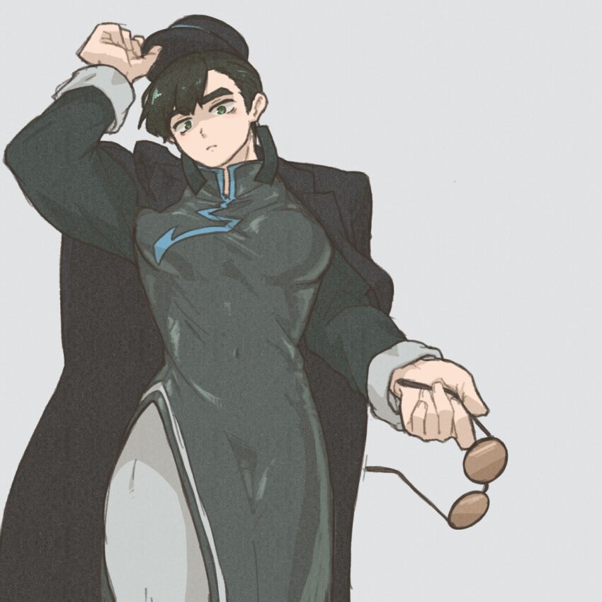 1boy black_coat black_dress black_hair black_hat brown-tinted_eyewear china_dress chinese_clothes cinq_association_east_uniform coat coat_on_shoulders crossdressing crossdressing_(mtf) dress earrings green_eyes grey_background hat highres holding holding_removed_eyewear jewelry large_pectorals limbus_company looking_at_viewer male_focus meursault_(project_moon) ofuda_earrings pants partially_opaque_sunglasses pectorals project_moon round_eyewear short_hair simple_background solo standing sunglasses teryaa125 tinted_eyewear unworn_eyewear upper_body white_pants