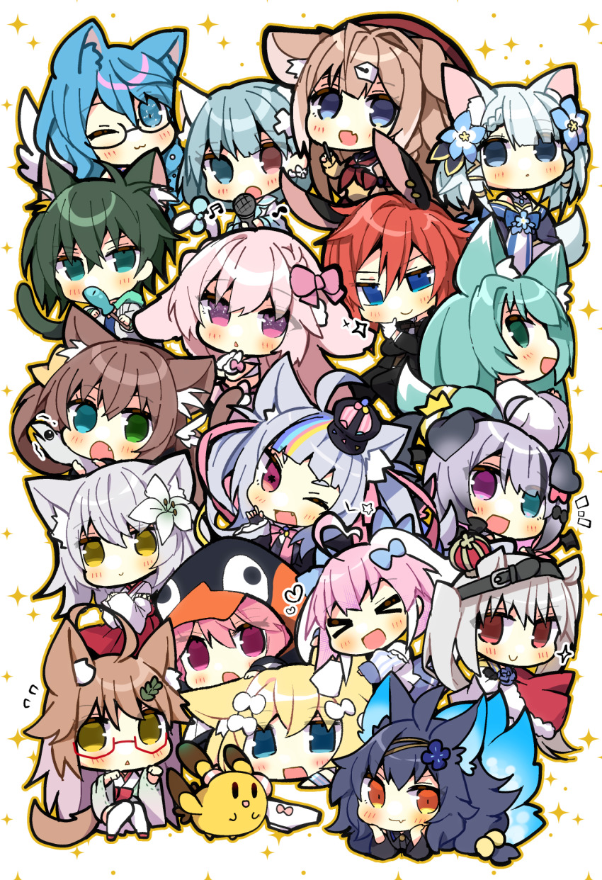 &gt;_&lt; 2boys 6+girls :&lt; :d ;d ^^^ ahoge animal_ear_fluff animal_ears animal_hood beamed_sixteenth_notes beret black-framed_eyewear black_bow black_gloves black_hair black_jacket black_pants black_sailor_collar blue_bow blue_eyes blue_flower blue_hair blue_shirt blush bow bow_panties braid braided_bangs brown_eyes brown_hair brown_hat brown_neckerchief brown_outline cat_ears cat_girl cat_tail chibi copyright_request crown eighth_note fang fingerless_gloves flower flying_sweatdrops fox_ears fuuna_thise glasses gloves green_eyes green_hair grey_hair grey_jacket hair_bow hair_flower hair_ornament hakama hakama_skirt hat heart heterochromia highres holding holding_microphone holding_stylus hood hood_down hood_up hooded_jacket jacket japanese_clothes kimono long_hair microphone mini_crown multicolored_hair multiple_boys multiple_girls musical_note neckerchief notice_lines one_eye_closed open_clothes open_jacket open_mouth outline panties pants parted_lips pink_bow pink_hair profile purple_eyes rabbit_ears red-framed_eyewear red_hair red_hakama sailor_collar semi-rimless_eyewear shirt short_eyebrows skirt smile sparkle star_(symbol) streaked_hair stylus tail thick_eyebrows trembling triangle_mouth under-rim_eyewear underwear unworn_panties very_long_hair virtual_youtuber white_background white_gloves white_kimono white_panties white_wings wings xd