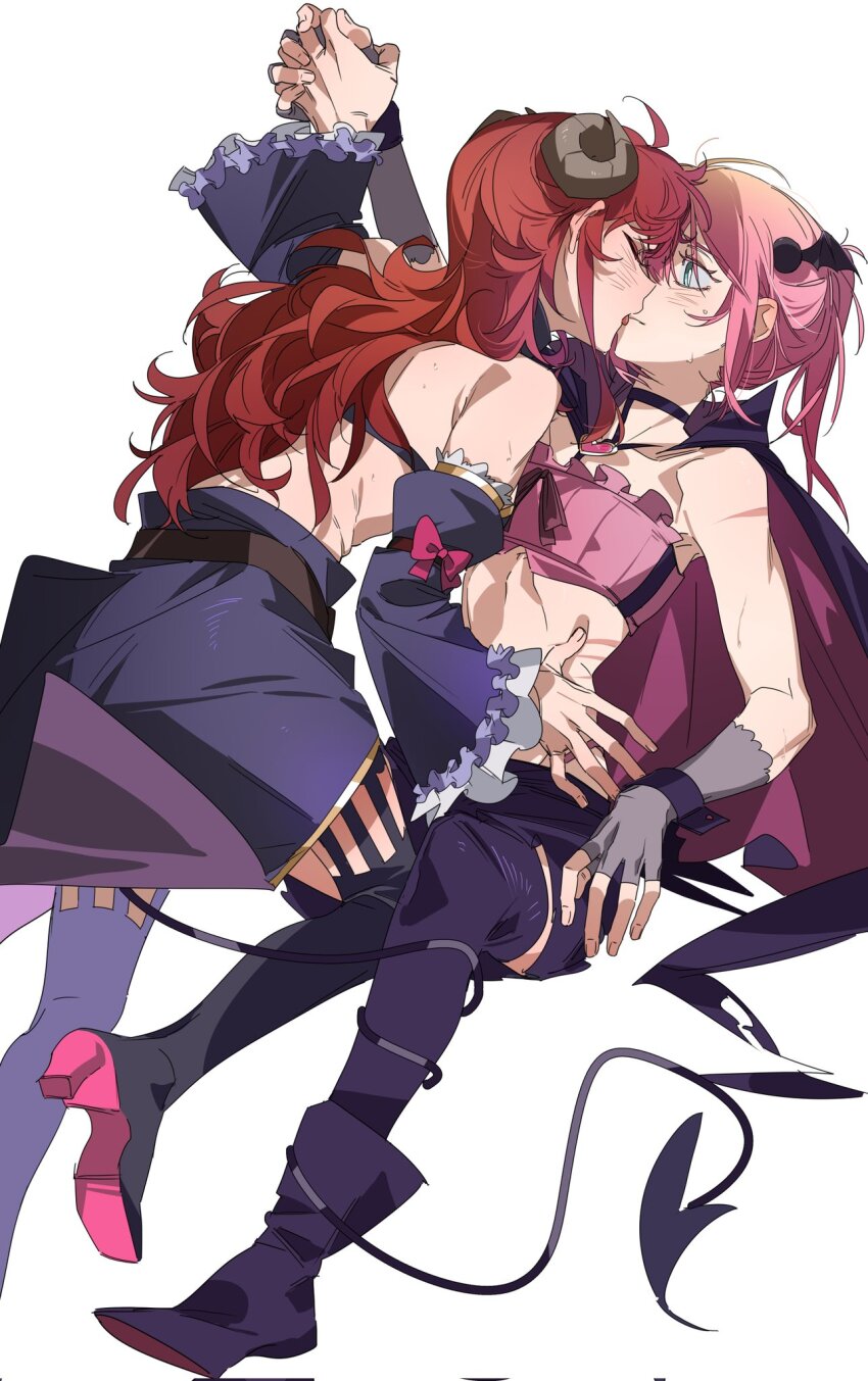 2girls black_boots blue_eyes blush boots chiyoda_momo closed_eyes commentary crisis_management_form_(machikado_mazoku) demon_horns demon_tail detached_sleeves elbow_gloves fingerless_gloves gloves grey_gloves hashtag-only_commentary high_heel_boots high_heels highres holding_hands horns kiss licking licking_another&#039;s_face licking_another&#039;s_lips long_hair machikado_mazoku molu_stranger multiple_girls pink_hair pink_tube_top ponytail purple_boots purple_skirt purple_thighhighs red_hair scar scar_on_arm simple_background skirt strapless tail tail_around_another&#039;s_leg tail_wrap thigh_boots thighhighs tube_top white_background yoshida_yuuko_(machikado_mazoku) yuri