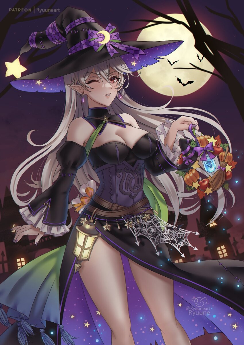 1girl bare_shoulders black_dress black_hat breasts cleavage commentary corrin_(female)_(fire_emblem) corrin_(female)_(halloween)_(fire_emblem) dress feet_out_of_frame fire_emblem fire_emblem_fates fire_emblem_heroes frilled_sleeves frills full_moon grey_hair grin halloween halloween_costume hat highres juliet_sleeves lantern large_breasts long_hair long_sleeves looking_at_viewer moon night night_sky nintendo off-shoulder_dress off_shoulder official_alternate_costume one_eye_closed parted_lips pointy_ears puffy_sleeves red_eyes ryuuneart side_slit sky smile solo standing thighs very_long_hair witch witch_hat