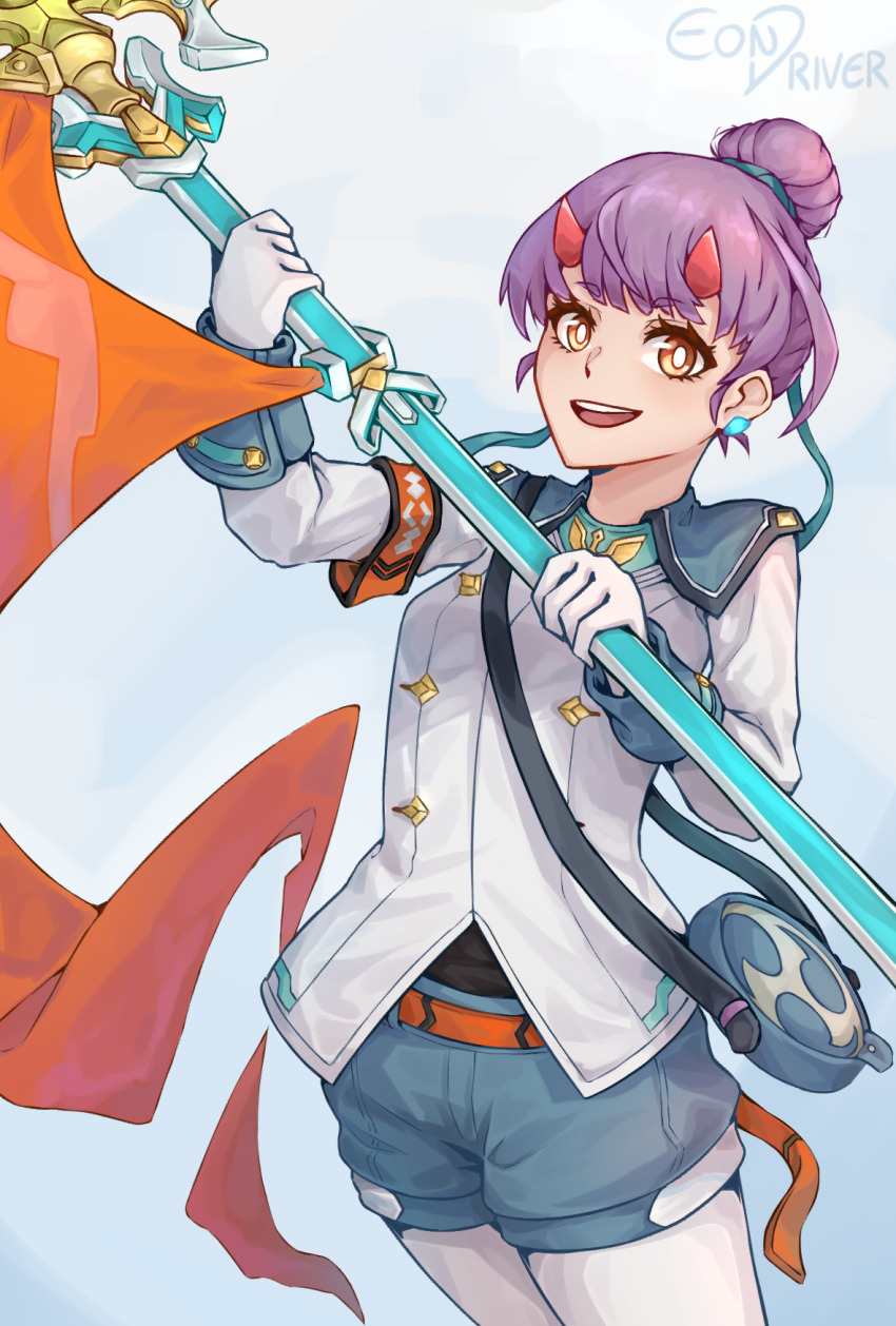 1girl :d artist_name belt blue_shorts earrings eondriver fiona_(xenoblade) flag gloves highres holding holding_flag horns jacket jewelry open_mouth pantyhose purple_hair shorts smile solo white_gloves white_jacket white_pantyhose xenoblade_chronicles_(series) xenoblade_chronicles_3 yellow_eyes