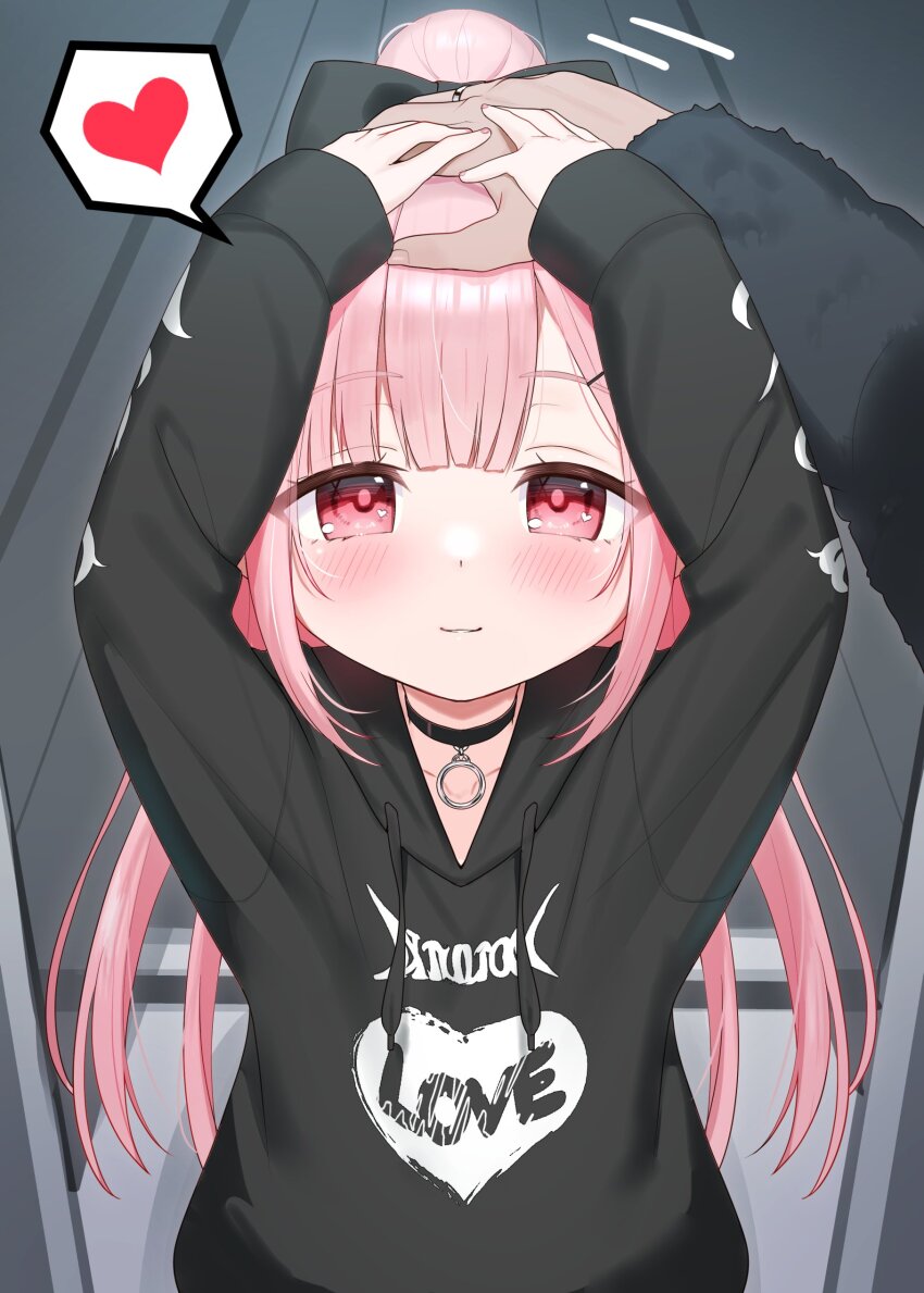 1girl absurdres black_bow black_hoodie blush bow closed_mouth commentary_request hair_bow heart highres hood hood_down hoodie long_hair long_sleeves looking_at_viewer original pink_hair sleeves_past_wrists smile solo_focus spoken_heart tsukiman