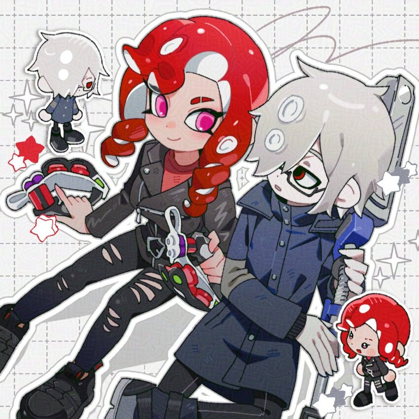 1boy 1girl belt belt_buckle black-framed_eyewear black_belt black_footwear black_jacket black_leggings blue_jacket breasts buckle chibi chibi_inset closed_mouth commentary_request dot_nose drill_hair dual_wielding e-liter_4k_(splatoon) eyebrow_cut glasses grey_hair hair_over_one_eye hg_swdiary highres holding holding_weapon invisible_chair jacket korean_commentary leather leather_jacket leggings long_sleeves looking_at_another medium_hair nintendo octoling octoling_boy octoling_girl octoling_player_character one_eye_covered parted_bangs pink_eyes red_eyes red_hair red_shirt semi-rimless_eyewear shirt short_hair sitting smile splatoon_(series) tentacle_hair tetra_dualies_(splatoon) torn_clothes torn_leggings twin_drills under-rim_eyewear weapon