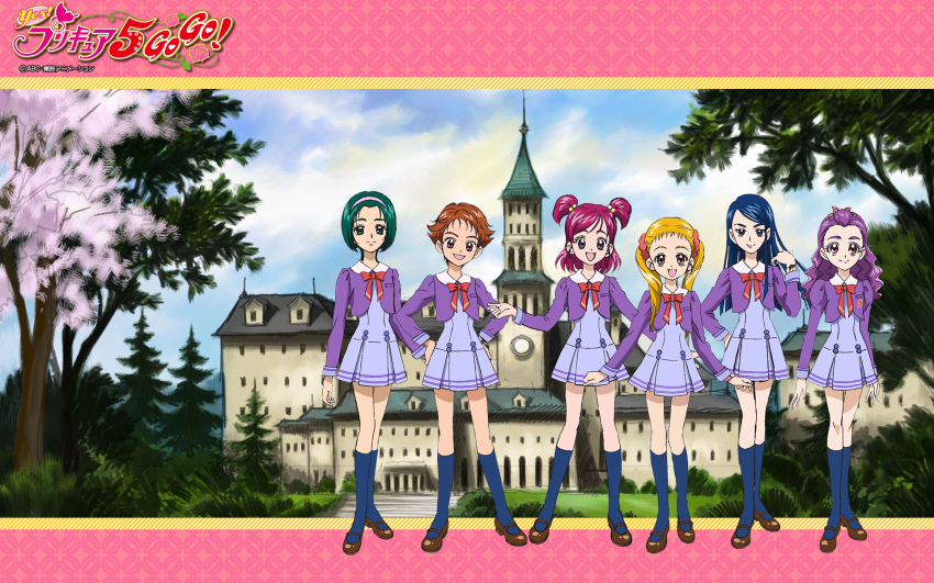 6+girls akimoto_komachi blonde_hair blue_eyes blue_hair bow castle eyebrows eyelashes green_eyes green_hair hair_bun headband highres kasugano_urara_(yes!_precure_5) long_hair mimino_kurumi minazuki_karen multiple_girls natsuki_rin orange_eyes orange_hair pink_eyes pink_hair pink_headband ponytail precure purple_eyes purple_hair sakura_tree school school_uniform short_hair sky tree yellow_eyes yes!_precure_5 yes!_precure_5_gogo! yumehara_nozomi