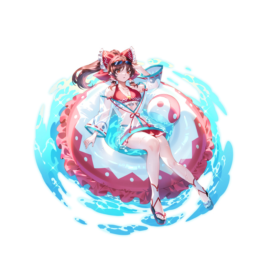 1girl absurdres adjusting_eyewear afloat alternate_costume ball beachball bikini bikini_skirt bow breasts brown_eyes brown_hair cleavage collarbone commentary_request detached_sleeves eyewear_on_head frilled_bow frilled_hair_tubes frills game_cg hair_bow hair_tubes hakurei_reimu hand_on_eyewear highres innertube long_hair looking_at_viewer official_art orb platform_sandals ponytail print_innertube red-framed_eyewear red_bikini red_bow ribbon-trimmed_sleeves ribbon_trim sandals see-through_clothes solo sunglasses swim_ring swimsuit third-party_source touhou touhou_gensou_eclipse transparent_background u_u_zan water wet yin_yang yin_yang_orb