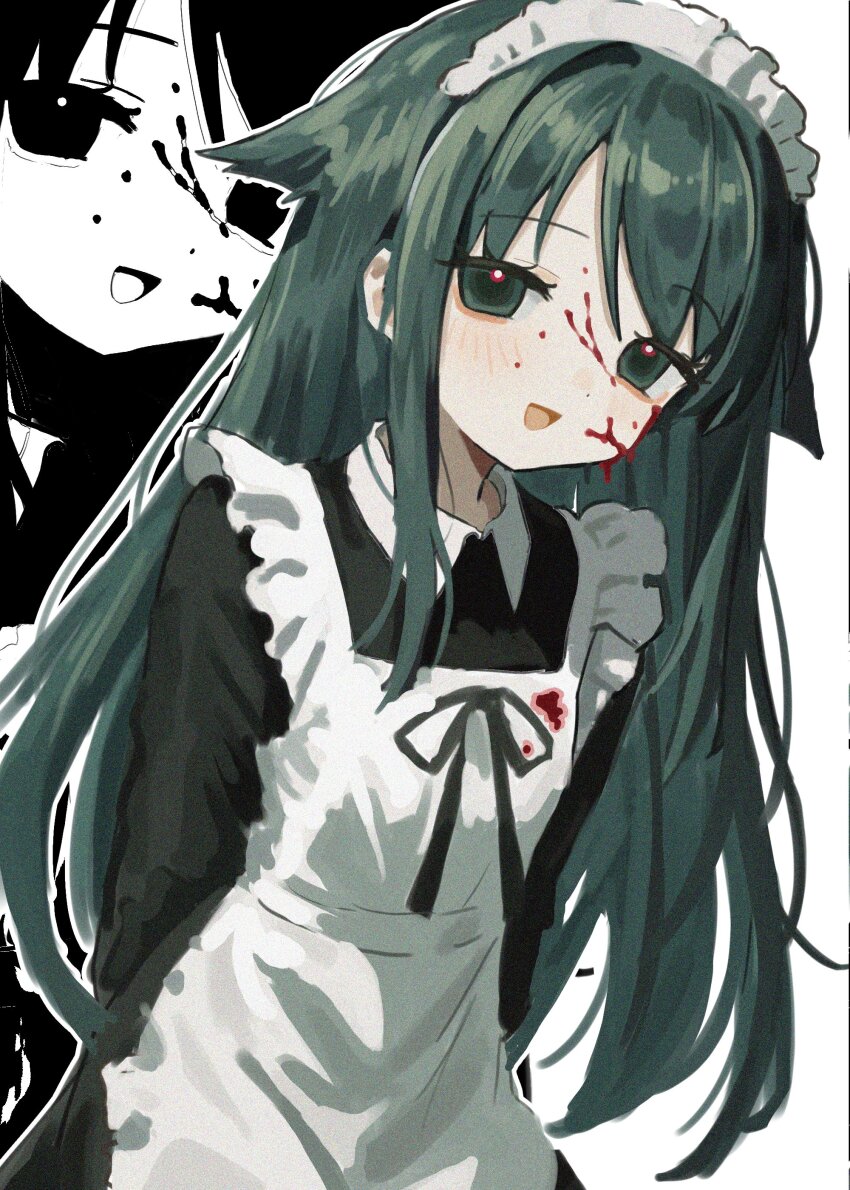 1girl absurdres apron arms_behind_back black_ribbon black_shirt blood blood_on_clothes blood_on_face chromasen collared_shirt green_eyes green_hair hair_flaps highres leaning_forward long_hair maid maid_apron maid_headdress monochrome_background open_mouth ribbon saya_(saya_no_uta) saya_no_uta shirt sidelocks smile